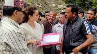 BJP MP Kangana Ranaut interacts with officials during her visit to disaster-affected areas in Manali (Photo: PTI)