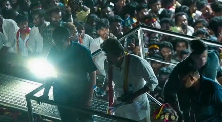 Tamilaga Vettri Kazhagam chief and actor Vijay pauses his speech after a stampede-like situation was witnessed during the rally, in Karur district (PTI Photo)