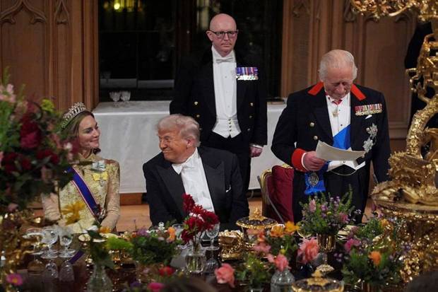 US President Donald Trump, centre, and Kate, Princess of Wales, listens to Britain's King Charles during the State Banquet in Windsor Castle. (Photo source: AP)