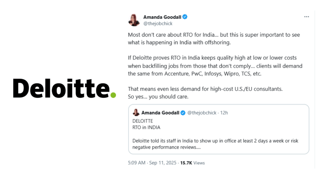 Deloitte’s India directive comes at a time when the firm is tightening attendance rules globally. In the US, staff in the tax division were recently told that office presence would directly affect their annual bonuses. Deloitte’s India directive comes at a time when the firm is tightening attendance rules globally. In the US, staff in the tax division were recently told that office presence would directly affect their annual bonuses.