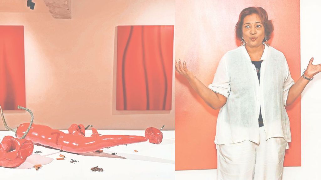 At the heart of Kumari Nahappan's show are her sculptures of chillies, cast in bronze and then burnished with patina (L) and Artist Kumari Nahappan (R)