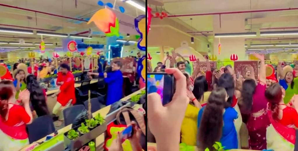 Capegemini office Durga Puja celebrations leave internet divided: 'This looks too forced and unnatural' (Instagram video screengrab) Capegemini office Durga Puja celebrations leave internet divided: 'This looks too forced and unnatural' (Instagram video screengrab)