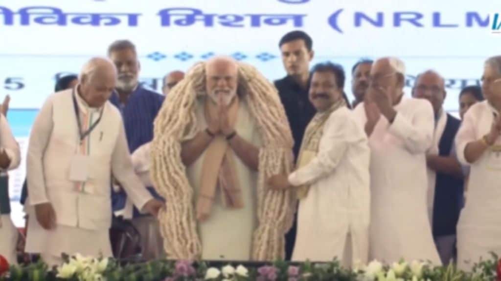 PM Modi adorned with a garland of Makhana in Bihar.