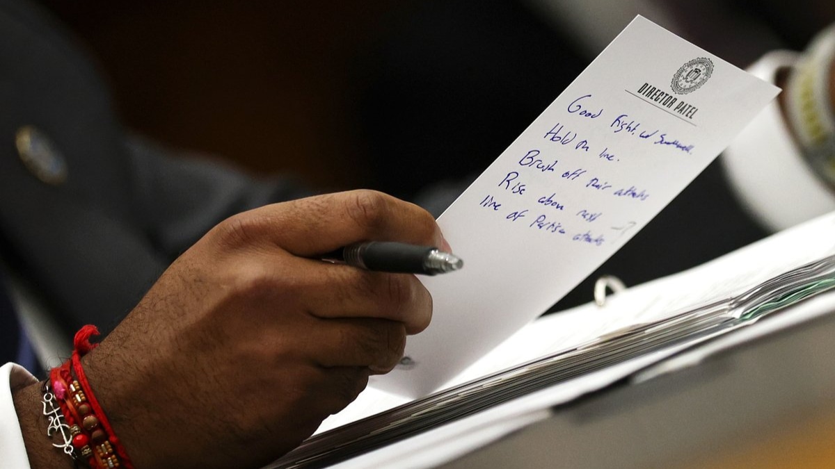 FBI Director Kash Patel, in a viral note, wrote lines that read like a pep-talk to himself. One of the lines read, “Good fight with Swalwell.”