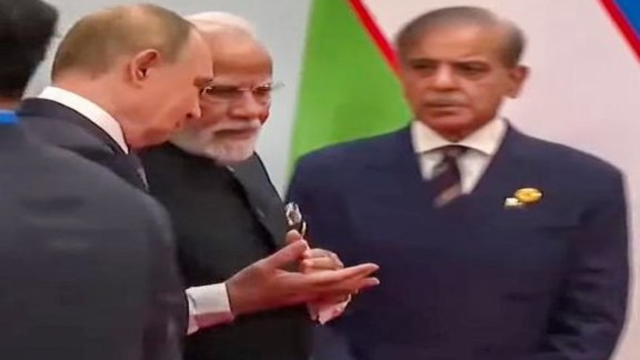 Prime Minister Narendra Modi with Russian President Vladimir Putin at the 25th SCO Heads of State Council Summit, in Tianjin, China. Pakistan Prime Minister Shehbaz Sharif also seen.
