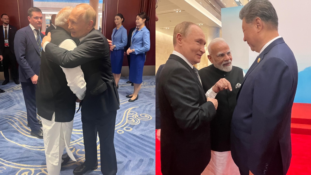 Prime Minister Modi and Russia President Putin greeted each other with a warm hug, after which they walked towards the stage for a group photo of the SCO members.