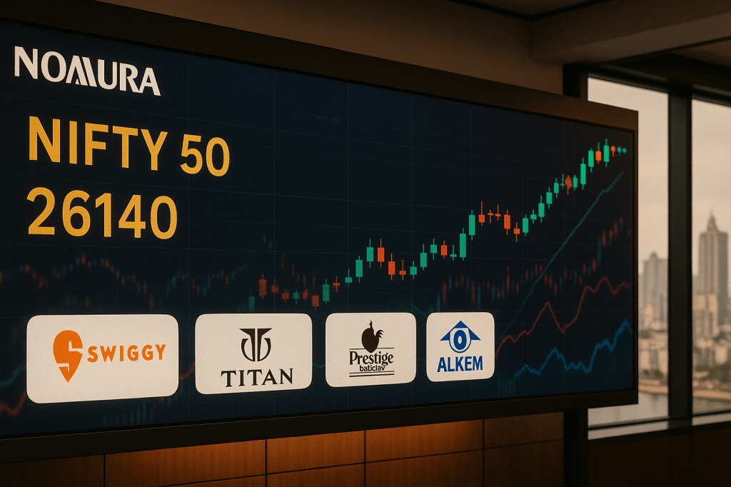 Nomura Nifty 2026 target at 26,140 with portfolio update including Swiggy, Titan, Prestige Estates, and Alkem Laboratories