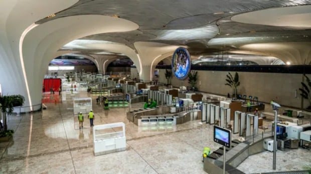 The newly-built Navi Mumbai International Airport (NMIA), constructed at a Phase-1 cost of approximately ₹19,650 crore, features a unique, futuristic architectural form with interiors adorned with lotus designs. (ANI)