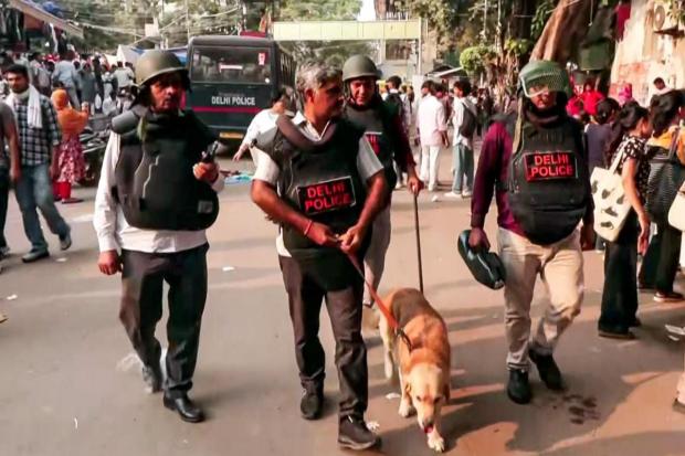 Security is heightened in Sarojini Nagar market, on the eve of Diwali in Delhi. (ANI)