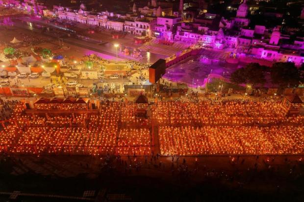 Two new world records were set at this year’s Deepotsav in Ayodhya: 26.17 lakh diyas lit at the same place as 2,128 people performed ’aarti’ together for the grand celebrations in the temple town, the Uttar Pradesh government said. (PTI)
