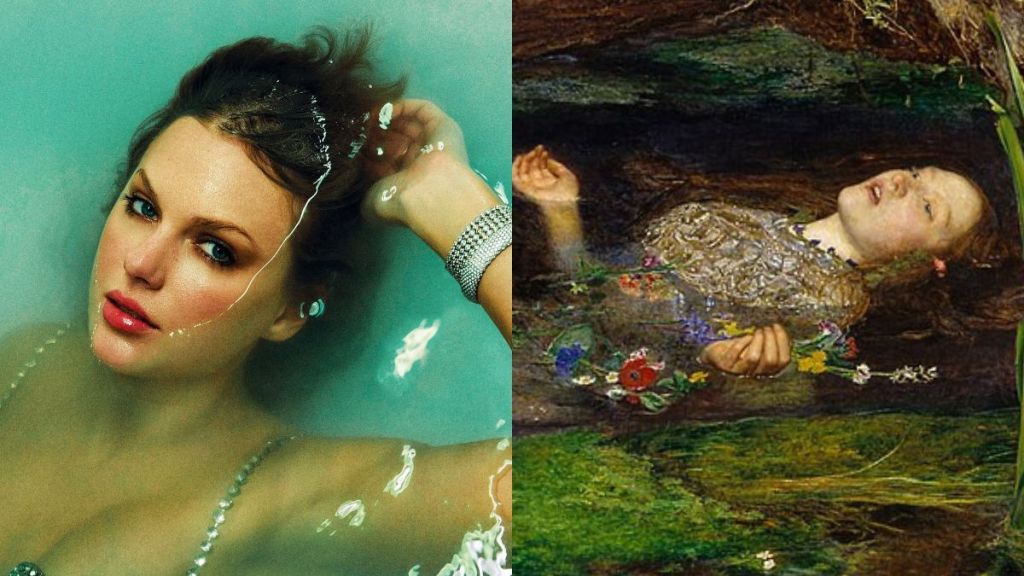 (Left) Taylor Swift makes a clear reference to Shakespearean heroine Ophelia who tragically died by drowning; (right) John William Waterhouse's famous painting inspired by Shakespeare. (Image courtesy: Taylor Swift/X, Public Domain)