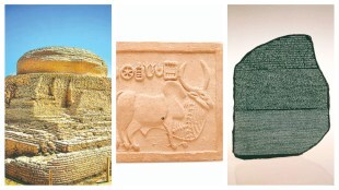 Ruins of Mohenjo-Daro, A pictograph and Rosetta Stone with Egyptian and Greek scripts.