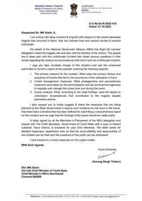 BJP MP Anurag Thakur writes to Tamil Nadu CM MK Stalin over Karur stampede.