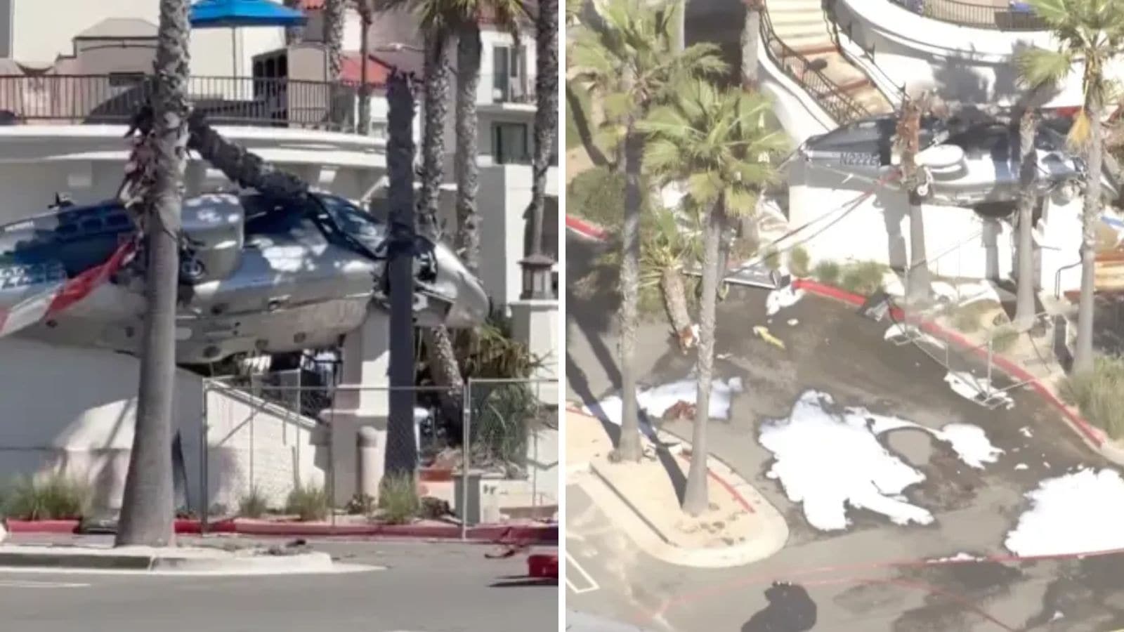 Helicopter wreck wedged between palm trees after Huntington Beach crash