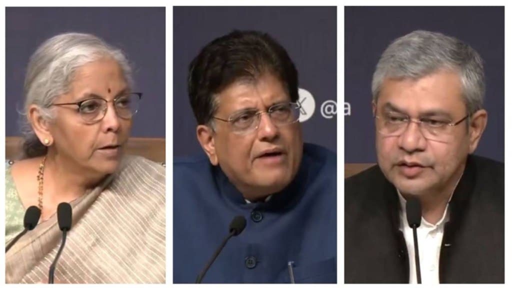 Union Finance Minister Nirmala Sitharaman, Commerce Minister Piyush Goyal, and Electronics and IT Minister Ashwini Vaishnaw (Photo source: ANI) Union Finance Minister Nirmala Sitharaman, Commerce Minister Piyush Goyal, and Electronics and IT Minister Ashwini Vaishnaw (Photo source: ANI)