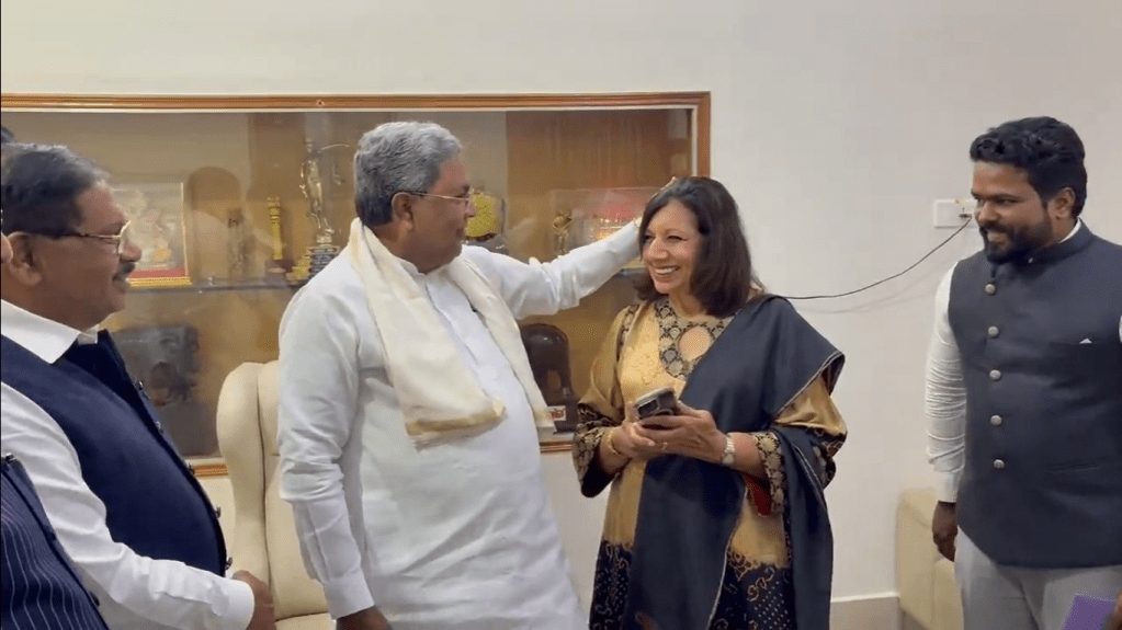 Video of CM Siddaramaiah blessing Kiran Mazumdar Shaw during Diwali meeting goes viral - What did they discuss? (X video screengrab)