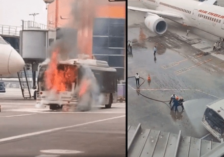 Watch: Bus bursts into flames right next to Air India plane at Delhi Airport, officials call it 'stray incident' (X video screengrab) Watch: Bus bursts into flames right next to Air India plane at Delhi Airport, officials call it 'stray incident' (X video screengrab)