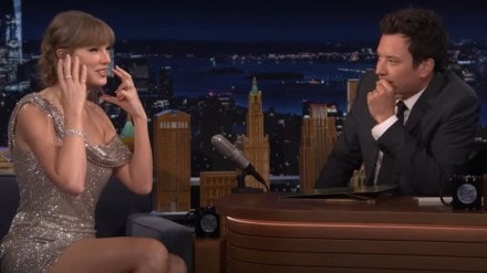 Taylor Swift appeared on The Tonight Show with Jimmy Fallon and addressed the rumours of her headlining next year's Super Bowl Half Time Show and whether she denied it. (Image source: The Tonight Show/X)