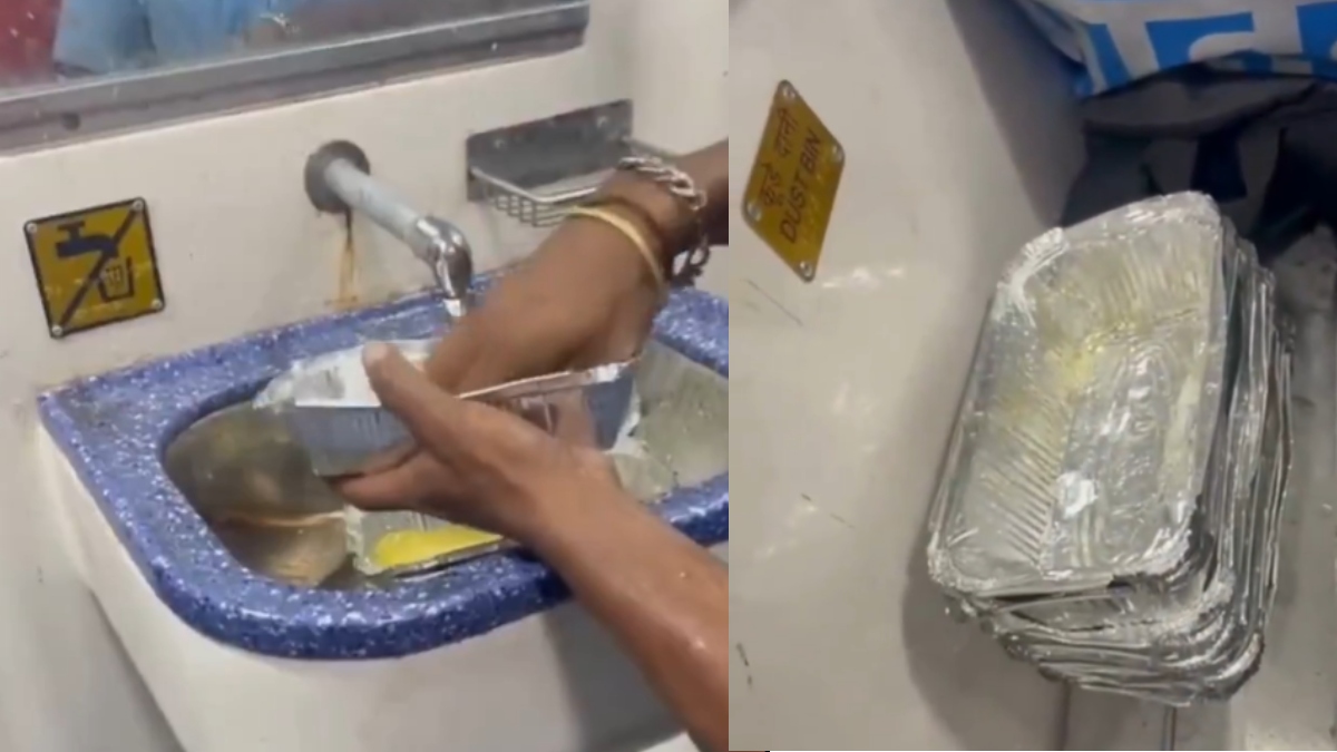 Viral video shows man washing used meal trays inside train; IRCTC removes vendor, launches probe Viral video shows man washing used meal trays inside train; IRCTC removes vendor, launches probe