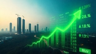 Prestige Estates Q2 2025 results show 50% sales growth with Bengaluru skyline and stock market rally visuals, Nomura top pick in real estate sector.