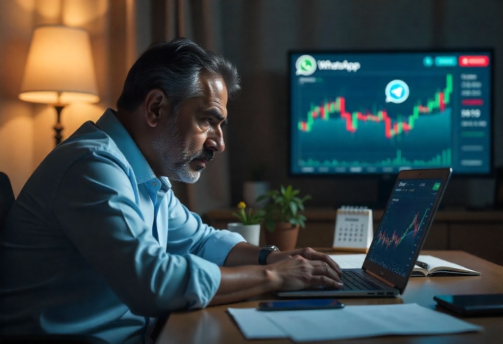 Indian private banker in Navi Mumbai checking investment dashboard after losing Rs 38 lakh in online trading scam; digital fraud awareness and cyber safety for investors in India.
