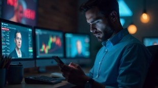 Investor looking at Telegram trading scam group with deepfake influencers on screen