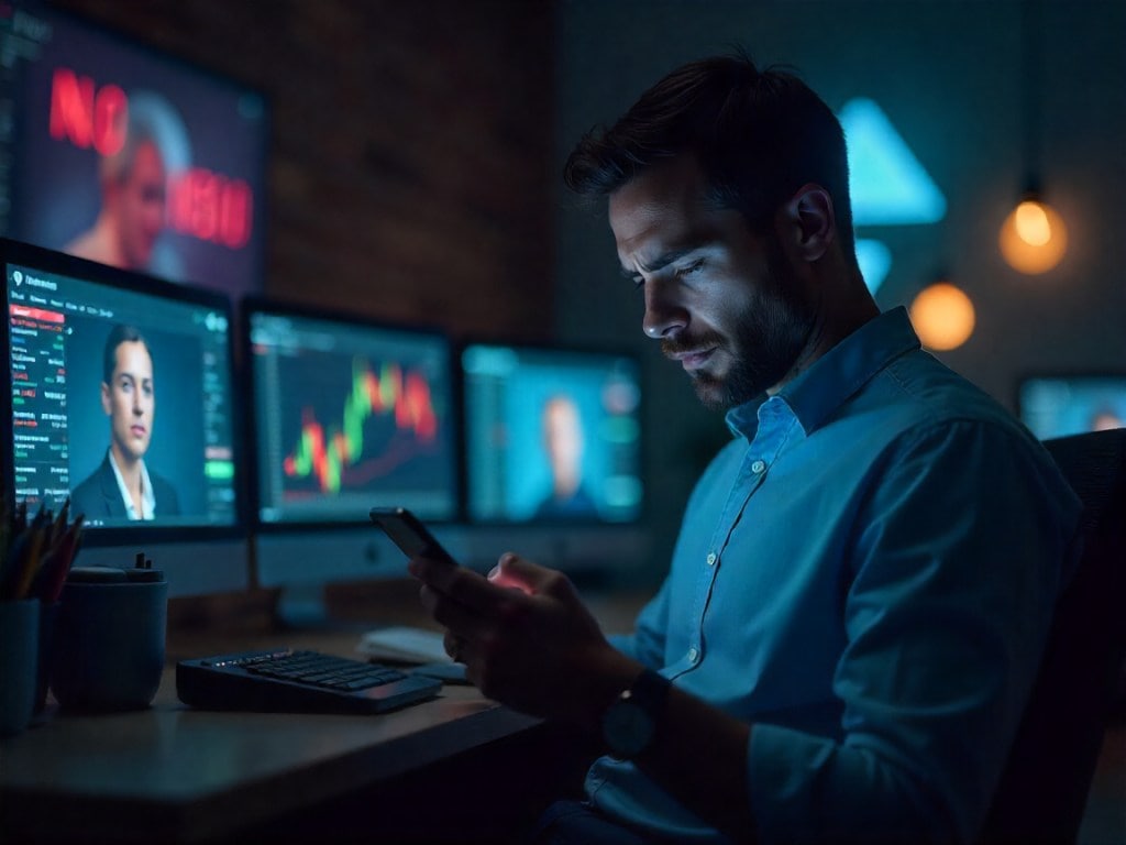 Investor looking at Telegram trading scam group with deepfake influencers on screen Investor looking at Telegram trading scam group with deepfake influencers on screen