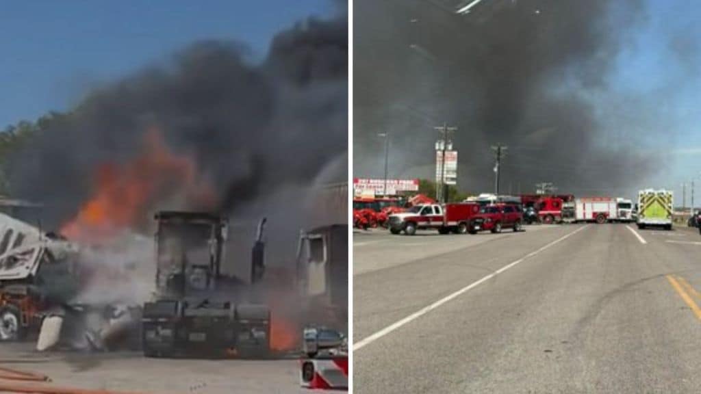 plane crashes into semitrailers near fort worth, setting vehicles and building on fire