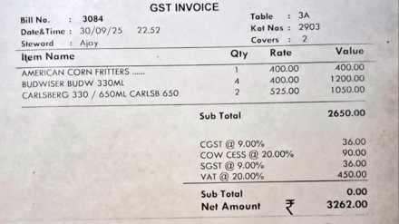 A liquor bill from a Rajasthan bar, showing a 20% cow cess, has gone viral on social media, with many pointing out the irony that cows continue to roam freely on the streets.
