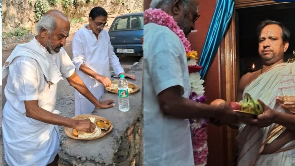 Rajinikanth spiritual journey: Rajinikanth is seen eating food served on a leaf plate near a hilly roadside. Another shows him standing with a priest.