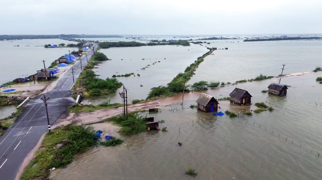 An aerial view of the flood-affected area after heavy rainfall due to the effects of Cyclone Ditwah at Vedaranyam in Nagapattinam on Saturday. (ANI Video Grab)