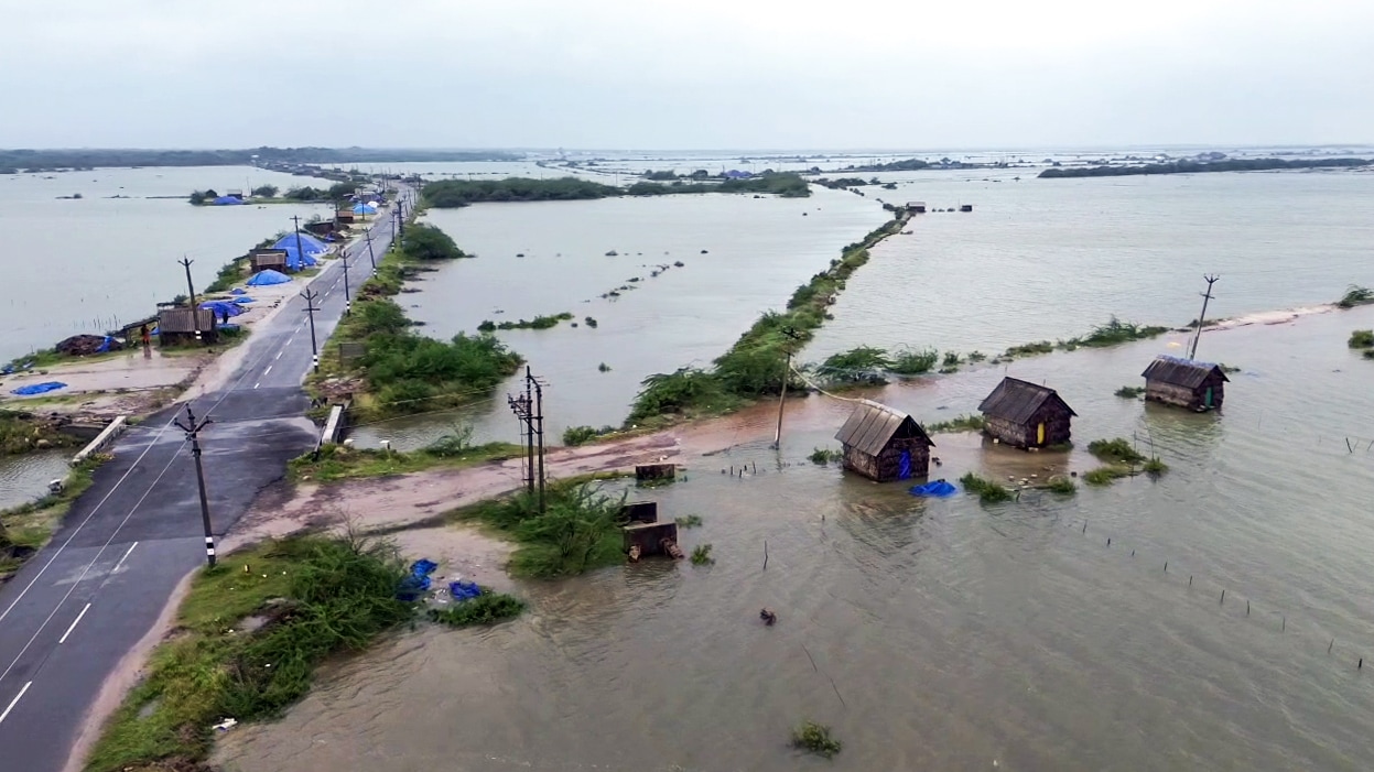Cyclone Ditwah IMD Red Alert LIVE: An aerial view of the flood-affected area after heavy rainfall due to the effects of Cyclone Ditwah at Vedaranyam in Nagapattinam on Saturday. (ANI Video Grab)