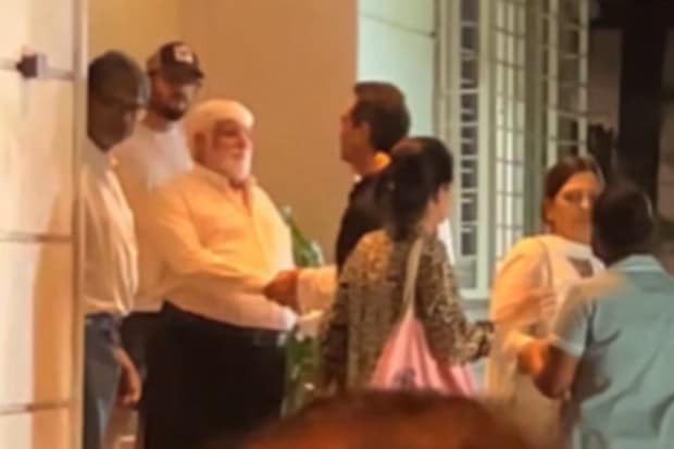 Esha Deol's ex-husband, entrepreneur Bharat Takhtani also showed up to support the family and was seen in a simple black and white kurta-pajama ensemble as he was greeted by members of the Deol family at the home's entrance. (Image source: X)