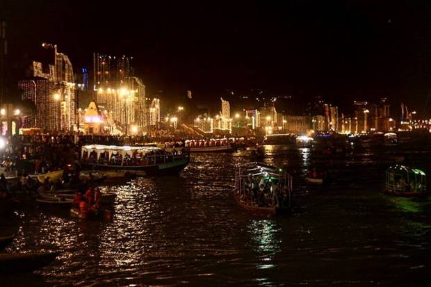 The Dashahwamedh Ghat was decorated with 51,000 diyas and 21 quintals of flowers. (Photo source: PTI)