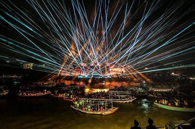 A light and laser show at Chet Singh Ghat showcased Kashi’s mythology and culture. (Photo source: X@myogiadityanath)