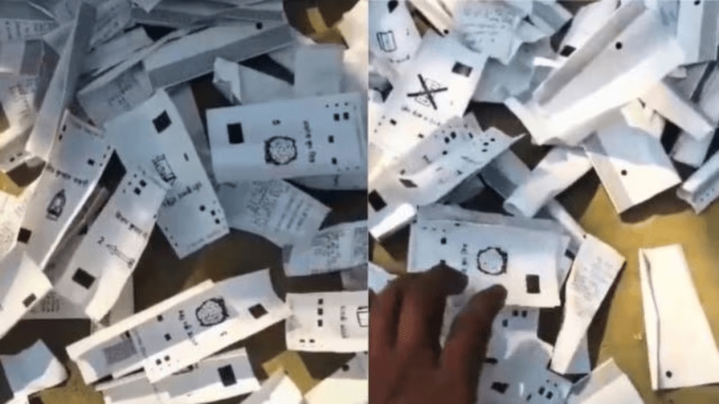 Election Commission officials examine discarded VVPAT slips near SR College in Samastipur district, Bihar. The ECI has ordered a probe into the incident. Election Commission officials examine discarded VVPAT slips near SR College in Samastipur district, Bihar. The ECI has ordered a probe into the incident.
