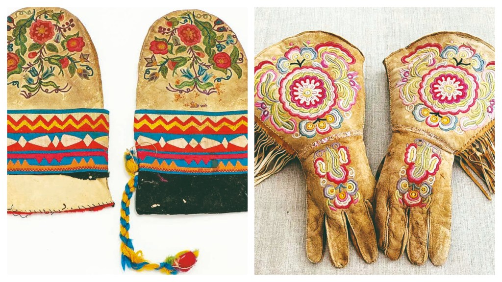 A pair of gauntlets and two mittens made in the late 19th-century Cree-Metif native Canadian traditional style / AP