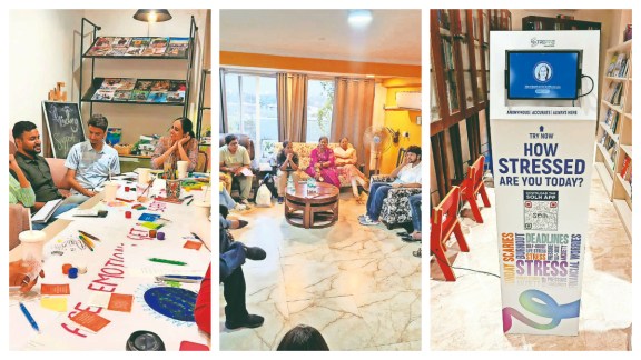 A ‘stress scan' kiosk put at a gathering of Sahara, a new initiative by Niyogi Books in collaboration with Solh Wellness and Kunzum Book