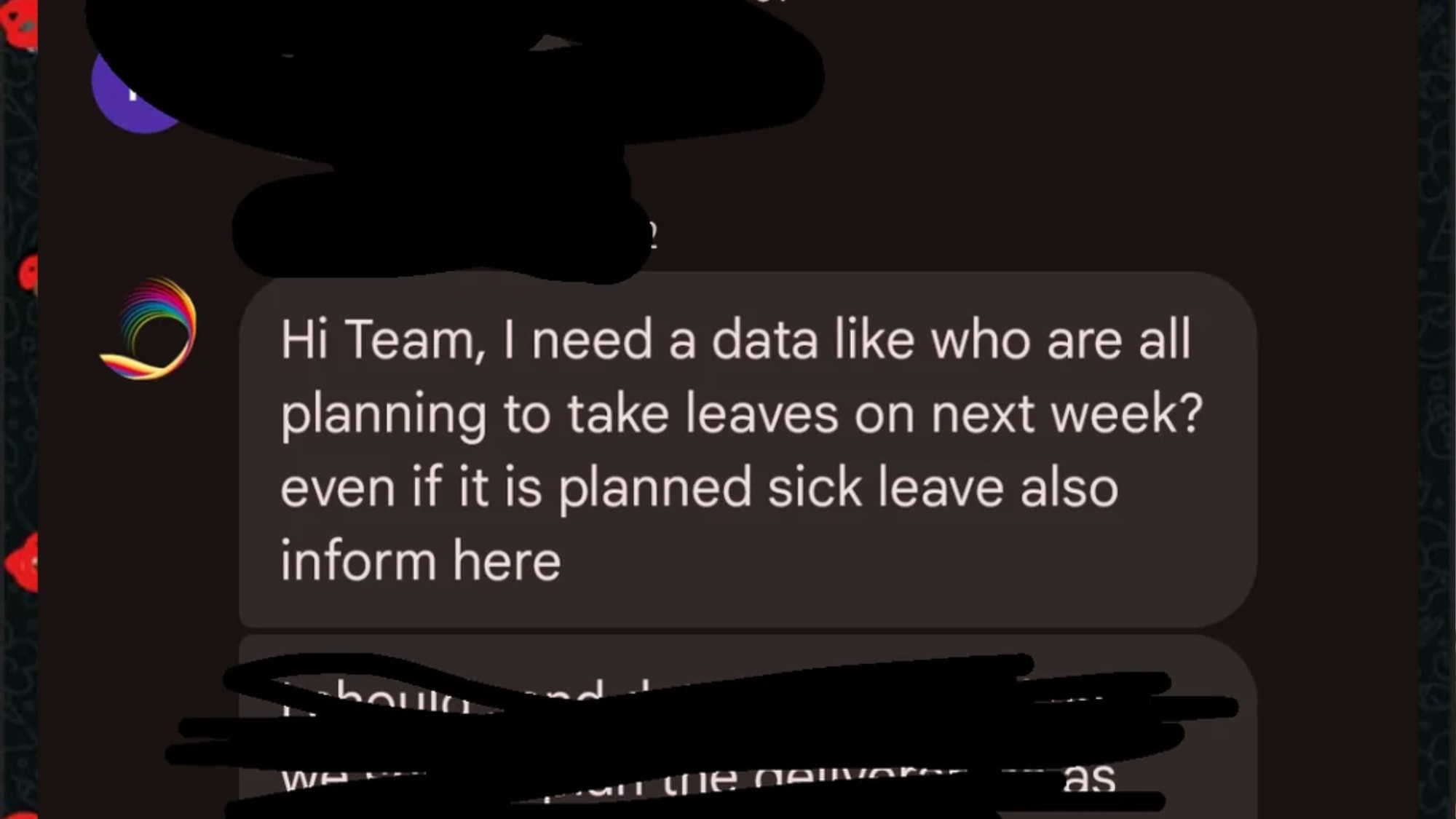 A screenshot of a boss’s Google Chat message has been circulating on Reddit after they asked employees to inform them about all upcoming leaves, including “planned sick leave”.