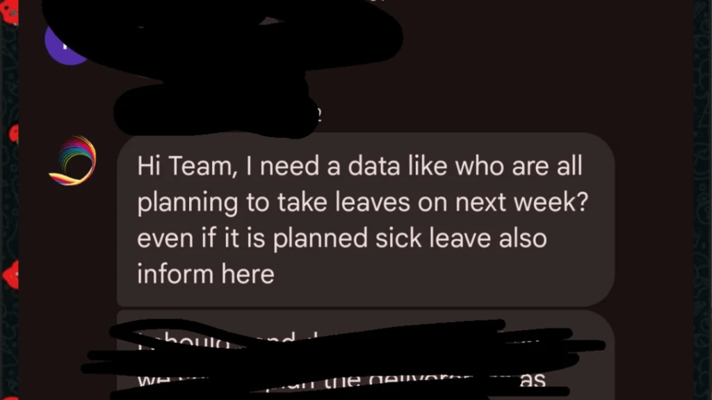 A screenshot of a boss’s Google Chat message has been circulating on Reddit after they asked employees to inform them about all upcoming leaves, including “planned sick leave”.