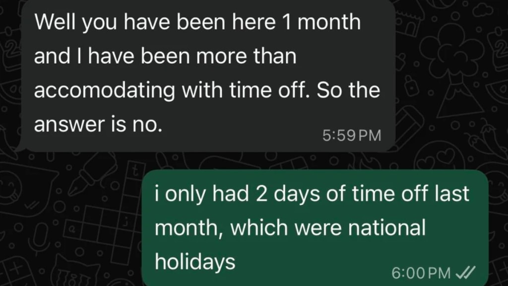 An employee tendered his resignation over WhatsApp after his boss denied his leave request. He shared his ordeal, along with the screenshots of the conversation, on Reddit. An employee tendered his resignation over WhatsApp after his boss denied his leave request. He shared his ordeal, along with the screenshots of the conversation, on Reddit.