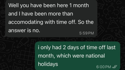 An employee tendered his resignation over WhatsApp after his boss denied his leave request. He shared his ordeal, along with the screenshots of the conversation, on Reddit. An employee tendered his resignation over WhatsApp after his boss denied his leave request. He shared his ordeal, along with the screenshots of the conversation, on Reddit.