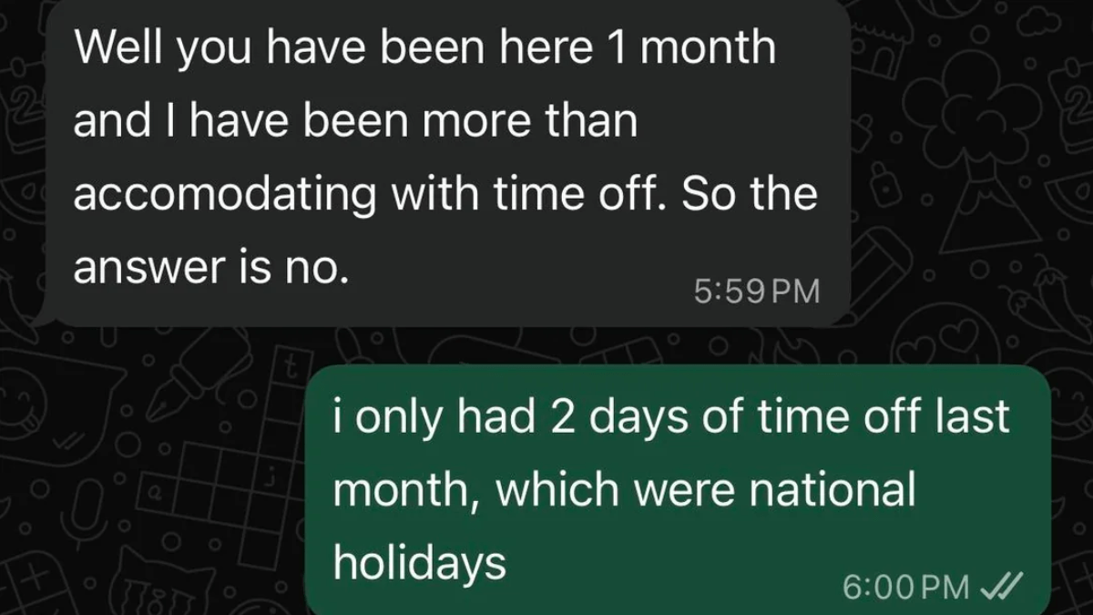 An employee tendered his resignation over WhatsApp after his boss denied his leave request. He shared his ordeal, along with the screenshots of the conversation, on Reddit. An employee tendered his resignation over WhatsApp after his boss denied his leave request. He shared his ordeal, along with the screenshots of the conversation, on Reddit.