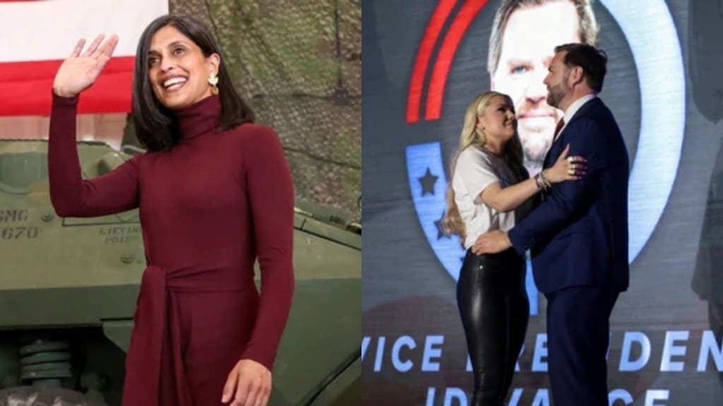 US Second Lady Usha Vance (left) and Vice-President JD Vance with Erika Kirk (Image source: Reuters)