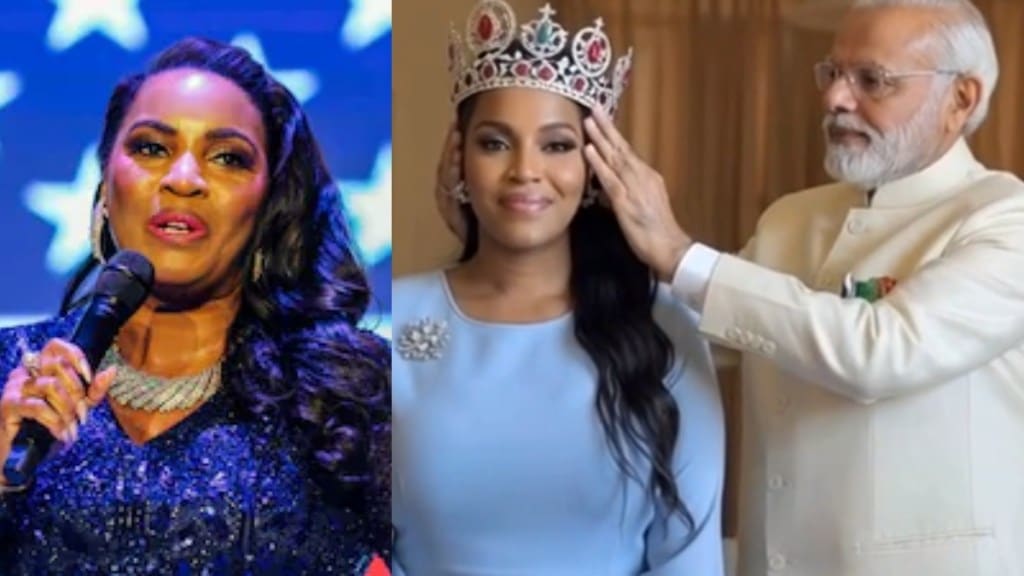 A picture of American singer Mary Milliben alongside a screengrab of her AI image with PM Narendra Modi (Image source: PTI, X)