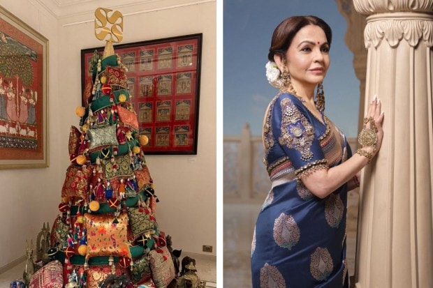 The event also featured a Christmas tree made entirely from handmade toys, figurines, textiles, woodwork, and sculptures from across the country. On the other hand, Nita Ambani stunned in a Manish Malhotra saree with an exquisite pair of antique kundan polki earrings, handcrafted over 100 years ago. (Image: X)