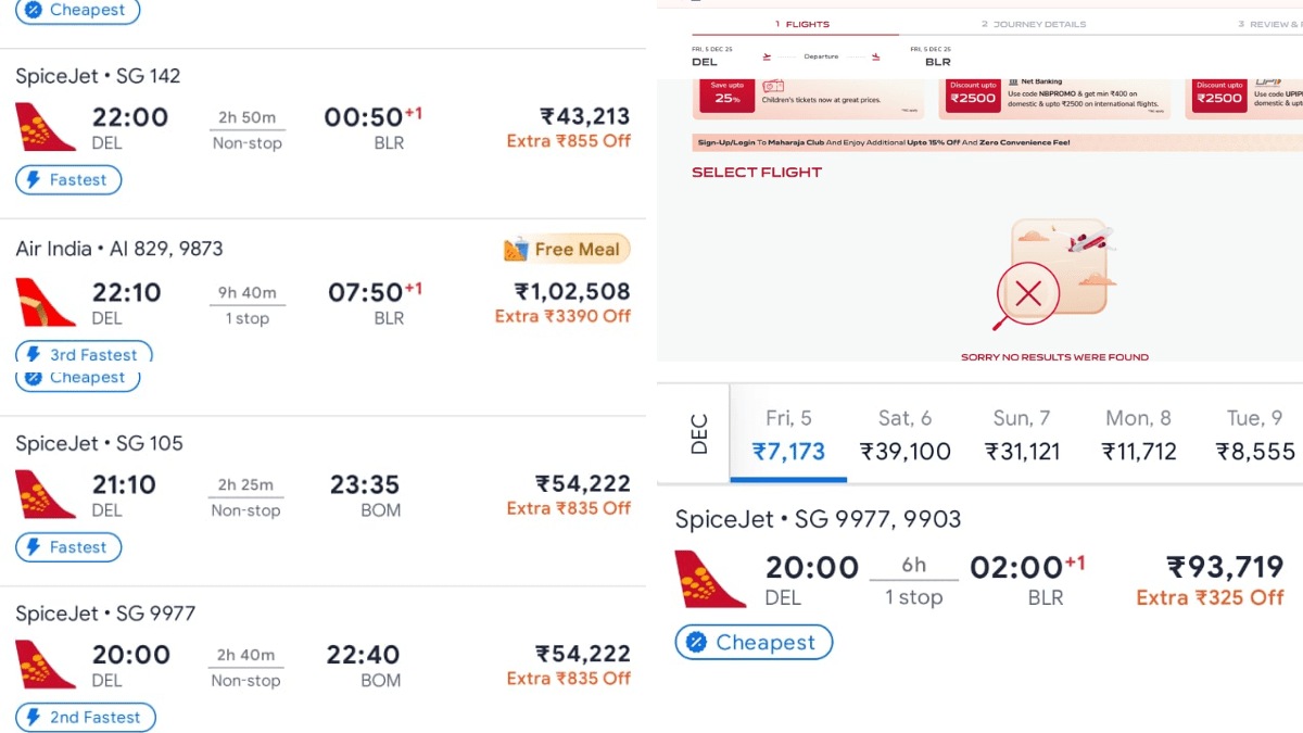 Passengers stranded at Delhi Airport as IndiGo cancels hundreds of flights, driving Air India, SpiceJet, and other airlines’ fares on Delhi-Bengaluru, Delhi-Mumbai, and Chennai-Delhi routes to unprecedented highs.