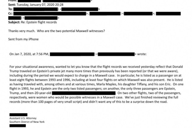 Email picture referencing Epstein’s private-jet flight records, including a mention of Donald Trump. (Photo source: DOJ handout via Reuters.)