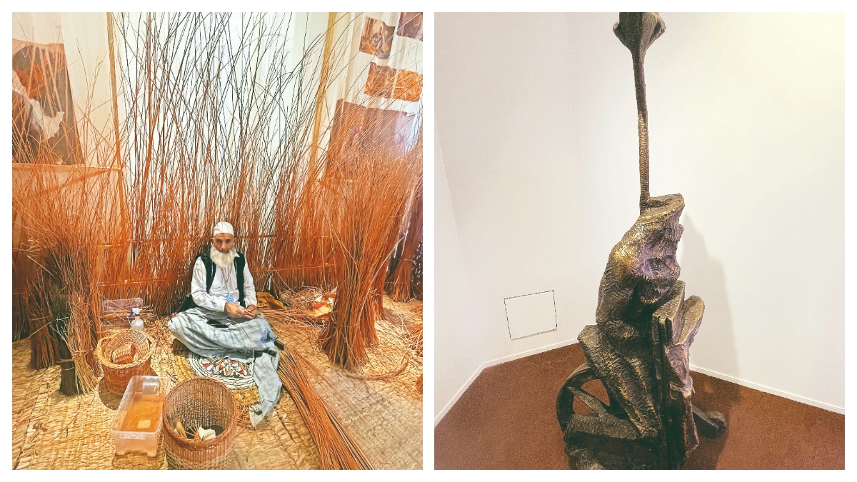 Mehraj Ud Din Pir from Ganderbal weaving wicker baskets; Wheelchair-bound Tanul Vikamshi’s sculpture of self. Pic credit: Ivinder Gill