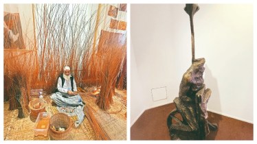 Mehraj Ud Din Pir from Ganderbal weaving wicker baskets; Wheelchair-bound Tanul Vikamshi’s sculpture of self. Pic credit: Ivinder Gill